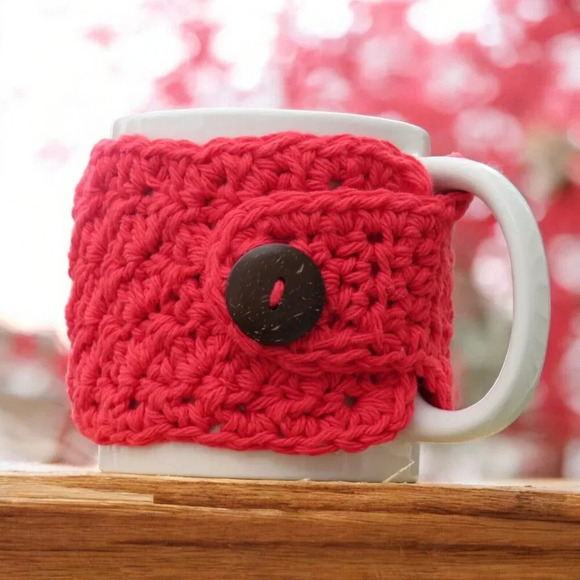 Crochet Cup Cozy Red Handmade Coffee Mug or Tea Warmer - Picture 1 of 5